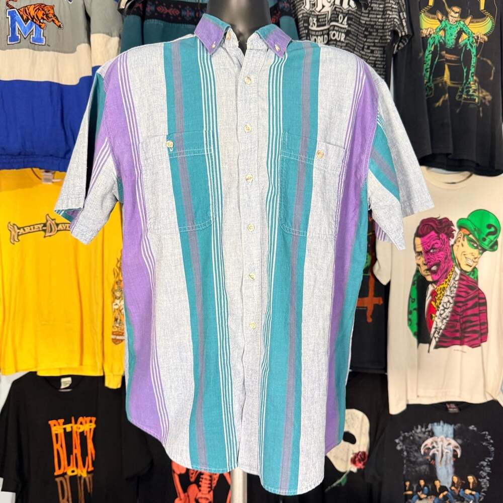 Vintage Impact Sz. Large Striped Short Sleeve Button Up Shirt 100% Cotton Y2K